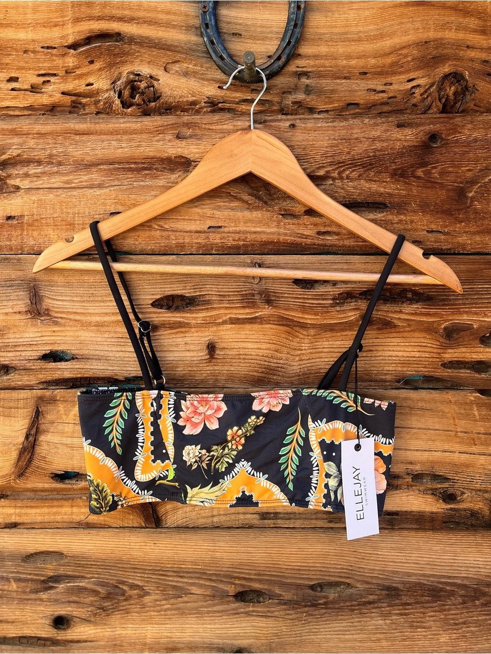 ELLEJAY | NWT Black Floral Bikini Top with Yellow & Green Print S
